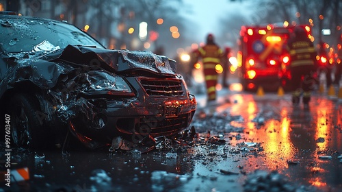 A damaged car sits in the middle of the road with an ambulance in the background.