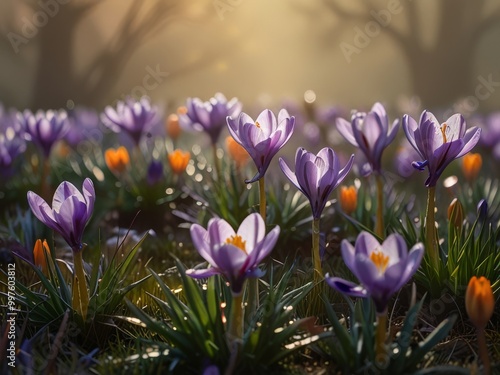 Purple Crocuses Blooming in a Field of Green