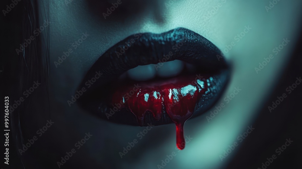 Obraz premium Sexy Vampire Woman lips with blood,Dripping blood on mouth, witches or beast creatures,female lips with fangs,horror holiday monsters,Vampire makeup Fashion Art design,Halloween banner background.
