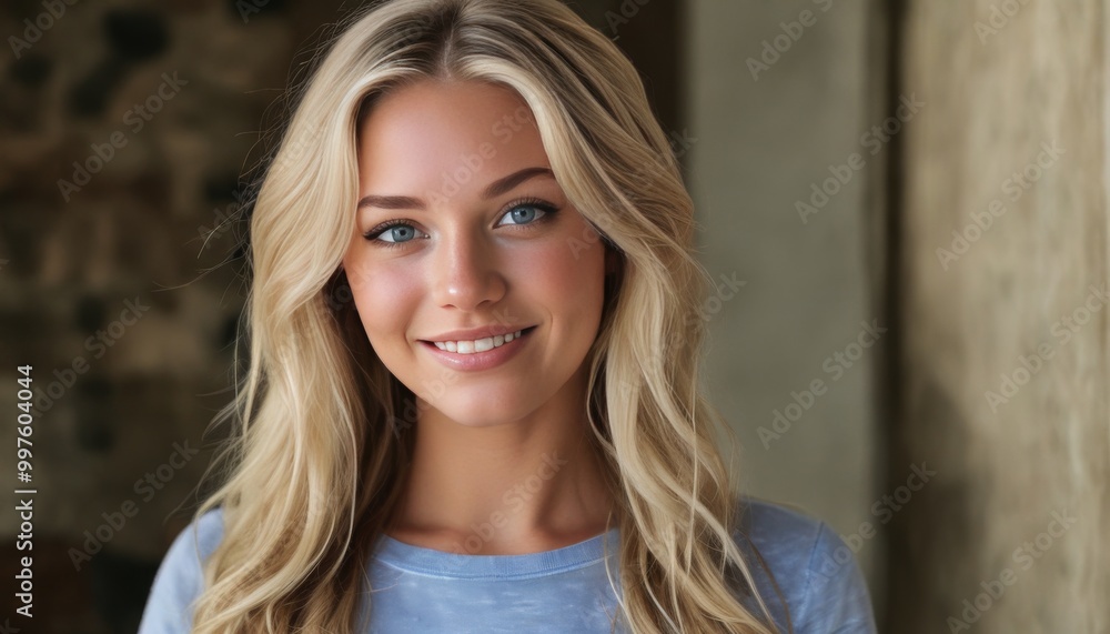 A blonde woman with blue eyes is smiling and looking at the camera A blonde woman with blue eyes is smiling and looking at the camera