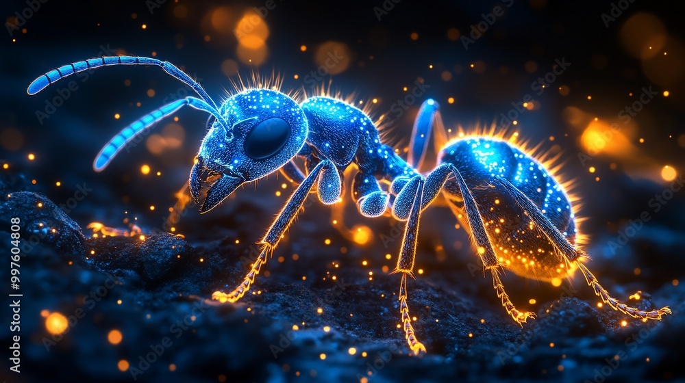A glowing blue ant with golden particles. A glowing blue ant with golden particles.