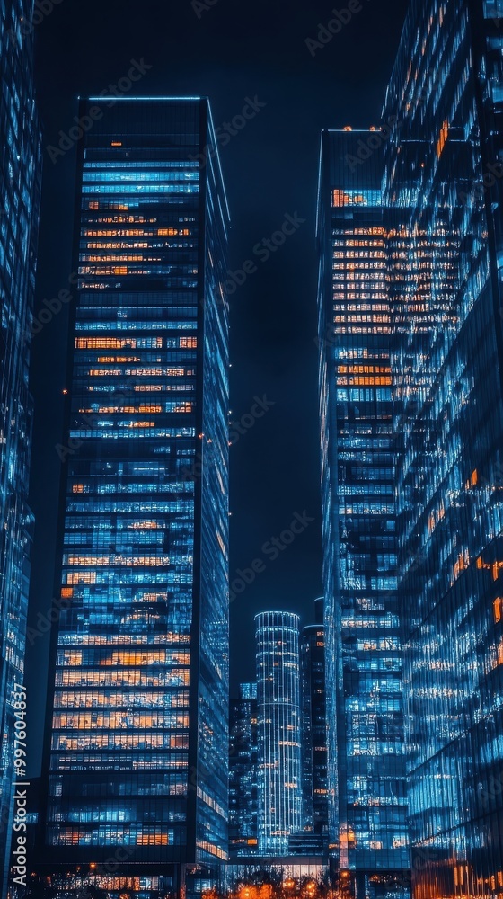 Obraz premium Office buildings in night,The glass facades of a modern skyscrapers at night,architectural,Fragment of the glass facade of a corporate building,business district,Concept of economics, financial.