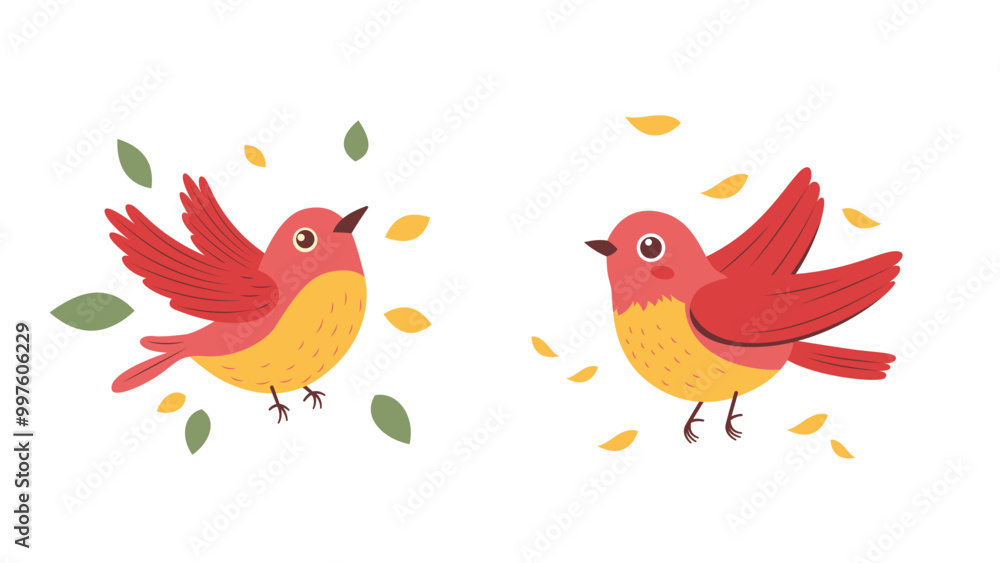A Pair of Cute Red Robin Bird Animal with Leaves in the Park A Pair of Cute Red Robin Bird Animal with Leaves in the Park