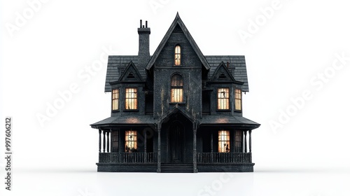 A Black Victorian House with Lit Windows Against a White Background