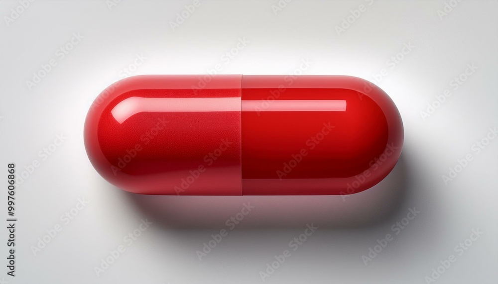 A bright red oval pill with a glossy finish, softly lit with a shadow underneath, resting on A bright red oval pill with a glossy finish, softly lit with a shadow underneath, resting on