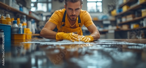 A man wearing yellow gloves cleans a surface in a workshop.