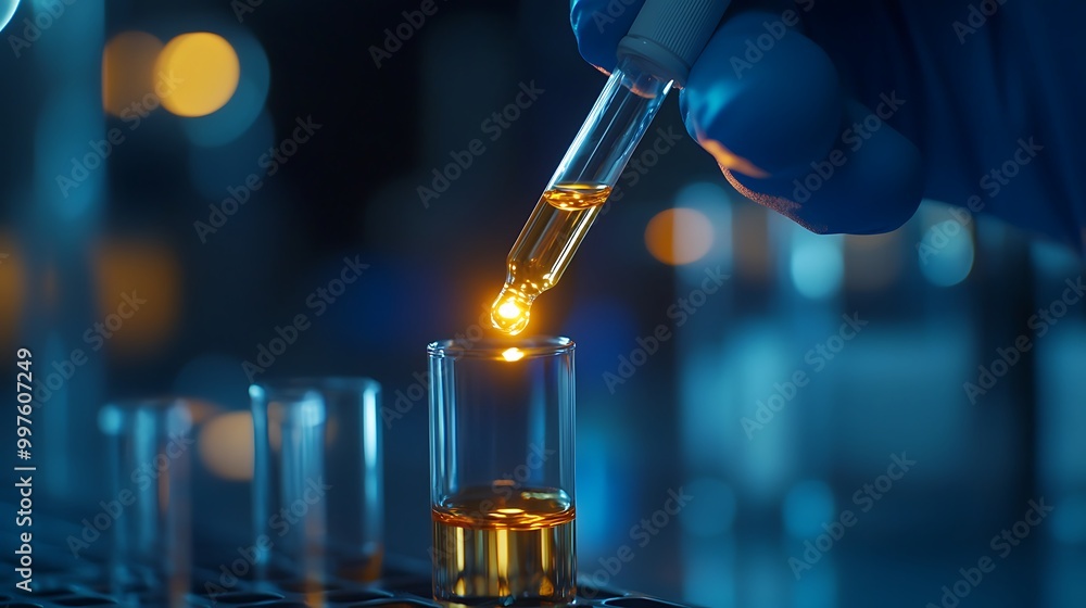 Close-Up of Gloved Hand Holding Dropper Over Test Tube A close-up shot of a scientist’s gloved hand holding a dropper, with a glowing chemical liquid about to drip into a glass test tube. The test tub Close-Up of Gloved Hand Holding Dropper Over Test Tube A close-up shot of a scientist’s gloved hand holding a dropper, with a glowing chemical liquid about to drip into a glass test tube. The test tub
