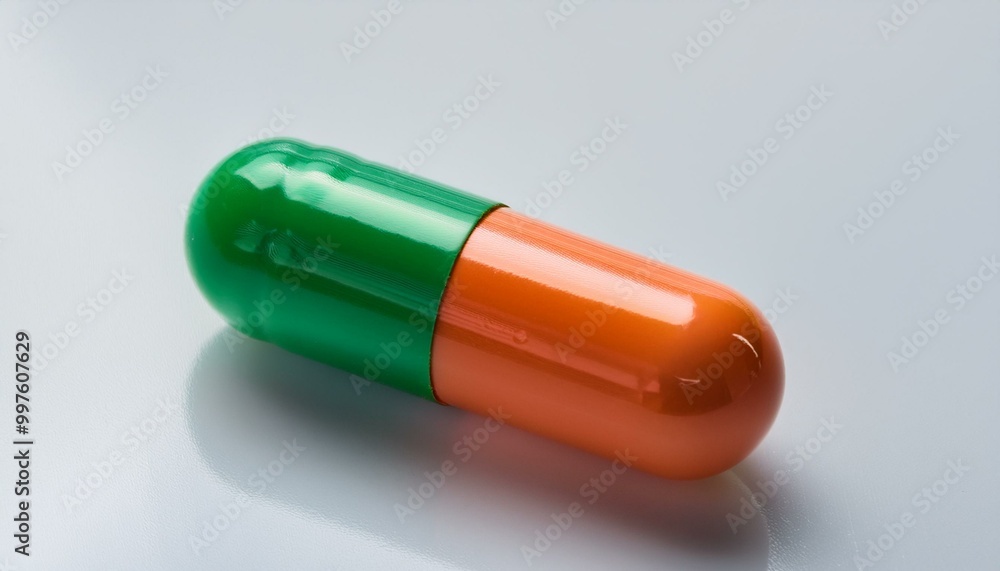 A glossy green and orange capsule, positioned diagonally on a white background with subtle r A glossy green and orange capsule, positioned diagonally on a white background with subtle r