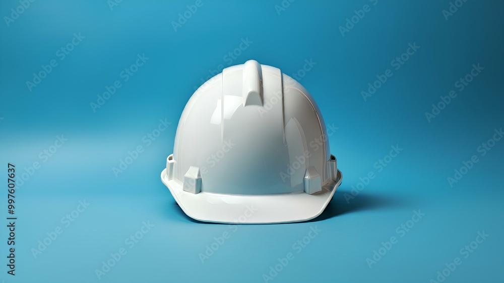 Fototapeta premium 水色の背景に白いヘルメット。コピースペース｜White helmet on light blue background. Copy space