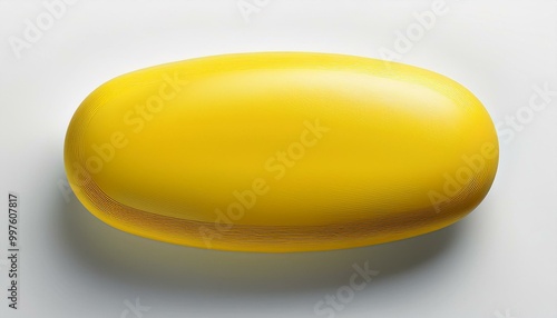 A large oval-shaped, matte-finished, yellow tablet isolated against a completely white backg