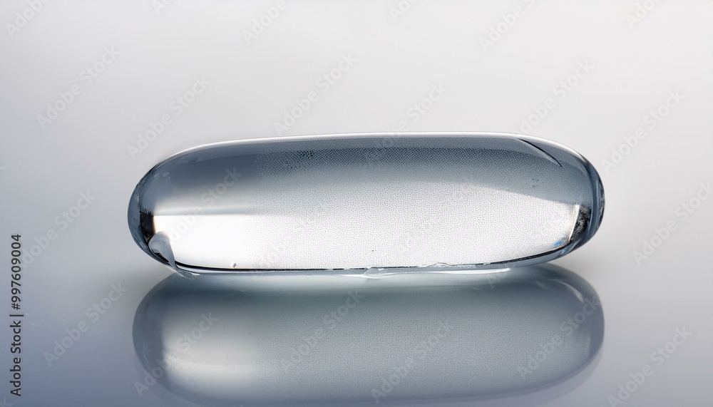 A translucent gel capsule with visible liquid inside, lying flat on a bright white surface, A translucent gel capsule with visible liquid inside, lying flat on a bright white surface,