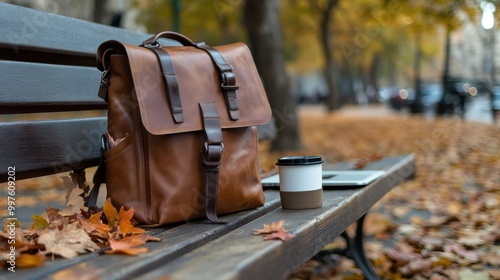 Stylish Leather Backpack on Wooden Bench with Laptop, Coffee, and Scattered Autumn Leaves in City Park photo