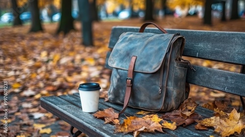 Stylish Leather Backpack on Wooden Bench with Laptop, Coffee, and Scattered Autumn Leaves in City Park photo