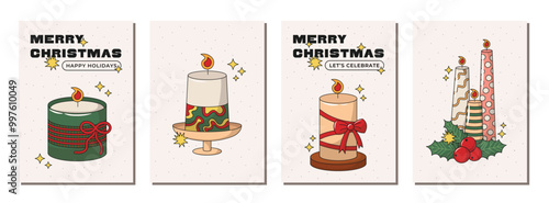 Merry Christmas greeting card set. New Year Winter poster collection with aromatic, scented candles with holly branch, berries, leaves and red bow. Vector illustration, editable stroke.