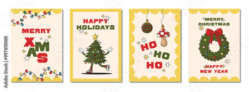 New Year Winter poster set with christmas tree retro groovy character, holly branch, tree toys, wreath, mushrooms. Merry Christmas greeting card collection. Vector illustration, editable stroke.