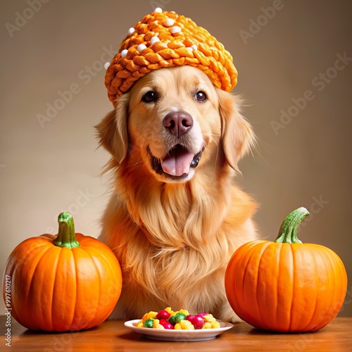 Golden Retriever sitting next to a pile of candy, wearing a pumpkin hat.
