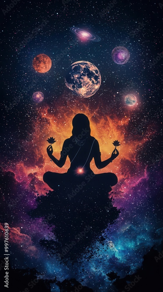 Divine Lakshmi surrounded by stars and galaxies, symbolizing universal wealth and blessings, Lakshmi cosmic, universal wealth, divine blessings Divine Lakshmi surrounded by stars and galaxies, symbolizing universal wealth and blessings, Lakshmi cosmic, universal wealth, divine blessings
