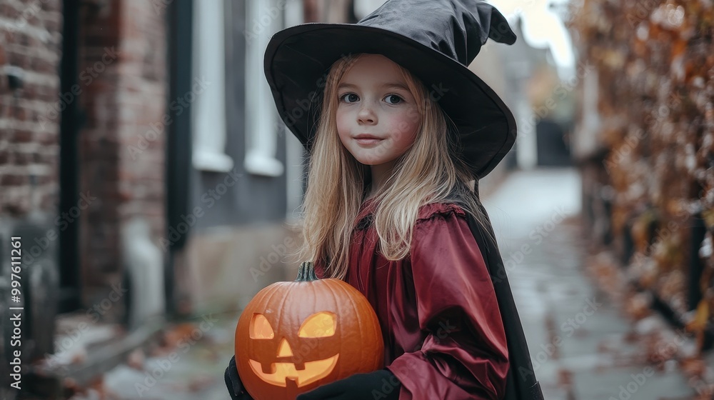 Young Girl Dressed as a Witch Holding a Lighted Jack-o'-Lantern Young Girl Dressed as a Witch Holding a Lighted Jack-o'-Lantern