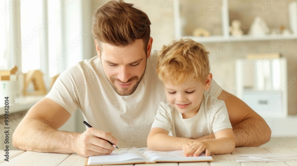 Father and son engaged in creative activity at home, warm atmosphere, bright room. Father and son engaged in creative activity at home, warm atmosphere, bright room.