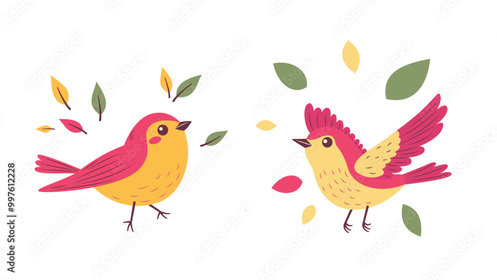 Naklejka premium A Pair of Cute Red Robin Bird Animal with Leaves in the Park