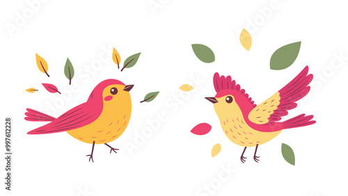 A Pair of Cute Red Robin Bird Animal with Leaves in the Park