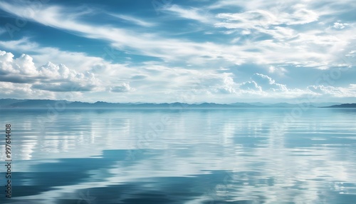 Gentle walk across a serene water surface under a bright sky