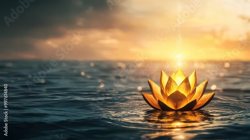 Lakshmi rising from a golden lotus in the ocean, divine light cascading down, Lakshmi golden lotus, ocean goddess, divine light