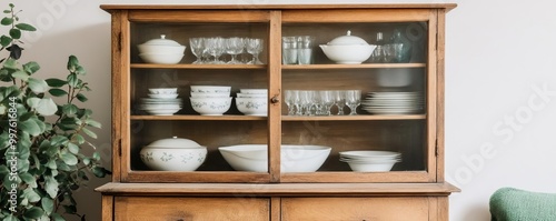 Distressed wooden hutch with glass doors, displaying antique china and vintage glassware in a cozy dining room