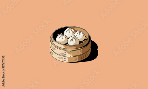 Steamed buns in a bamboo basket, dim sum style illustration.