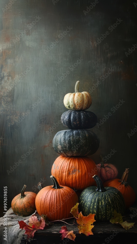 A Stack of Pumpkins with Autumn Leaves on a Wooden Table A Stack of Pumpkins with Autumn Leaves on a Wooden Table