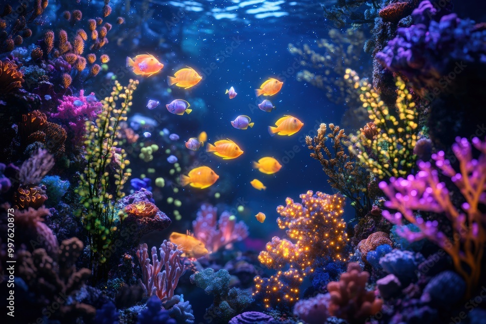 Naklejka premium A vivid representation of a coral reef ecosystem, with bioluminescent sea creatures glowing beneath the ocean