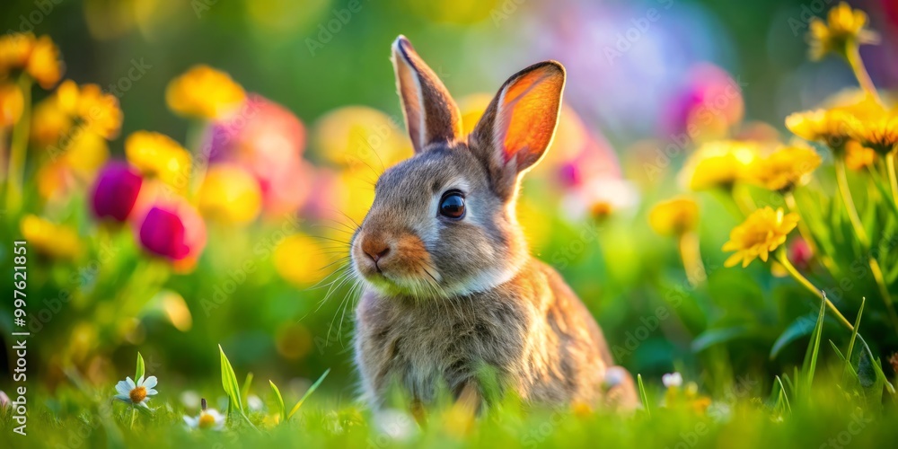 Fototapeta premium A charming close-up of a fluffy rabbit nestled in vibrant green grass, surrounded by colorful flowers, radiating