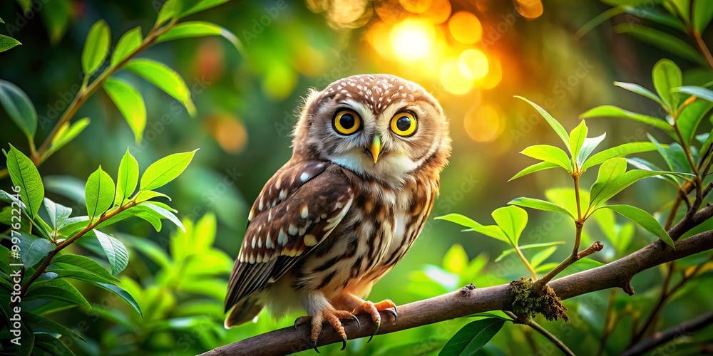 A charming owl with big eyes sits on a branch, nestled amidst vibrant green foliage, beautifully blending into A charming owl with big eyes sits on a branch, nestled amidst vibrant green foliage, beautifully blending into