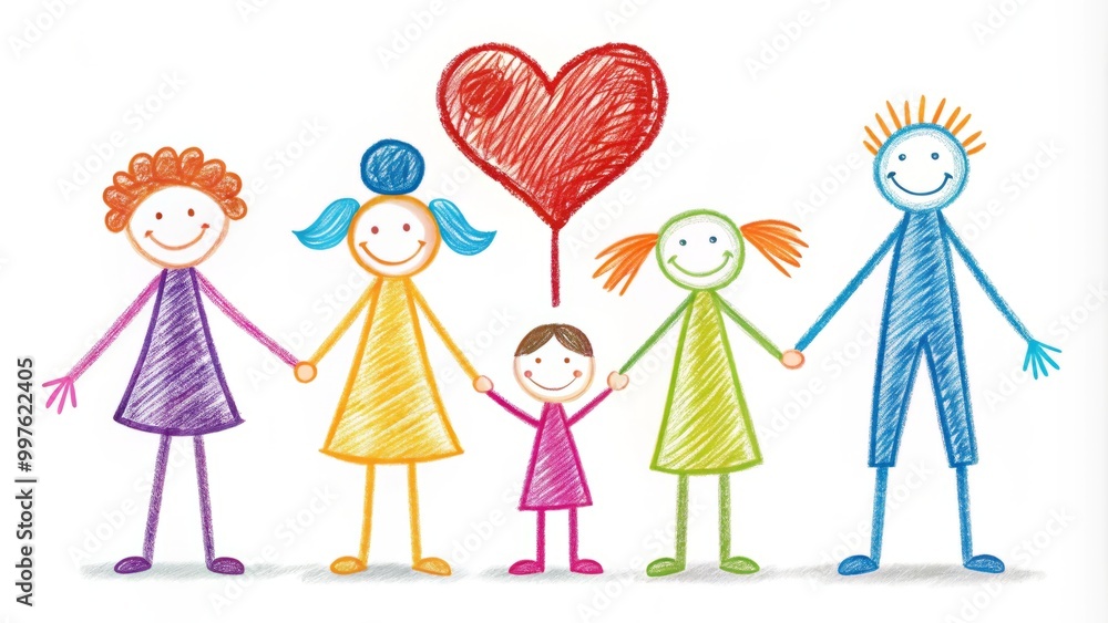 A charming stick people family illustration, embodying togetherness and love, showcases a simple design. Colorful A charming stick people family illustration, embodying togetherness and love, showcases a simple design. Colorful