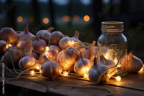 A single organic garlic bulbs braid in the wooden scenery, generative IA photo