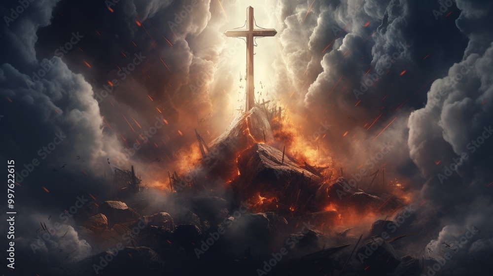 A cross is shown in the middle of a fiery explosion A cross is shown in the middle of a fiery explosion