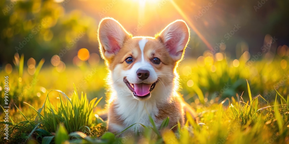 A cheerful Corgi puppy frolics in vibrant green grass under a radiant sun, its joyful expression capturing the A cheerful Corgi puppy frolics in vibrant green grass under a radiant sun, its joyful expression capturing the