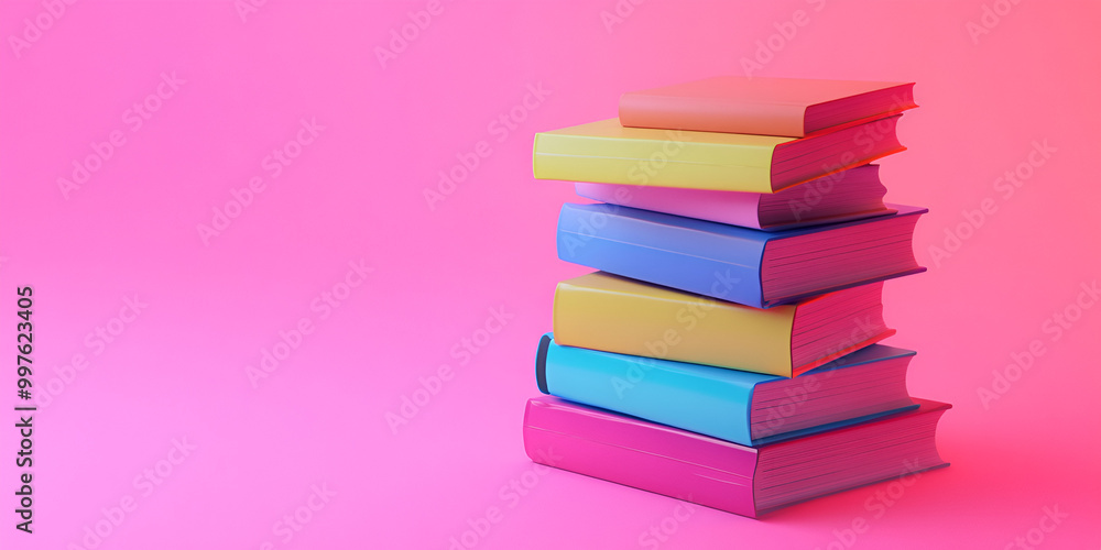 a stack of six colorful books against pink background a stack of six colorful books against pink background