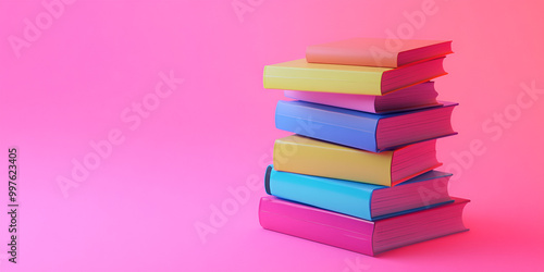 a stack of six colorful books against pink background