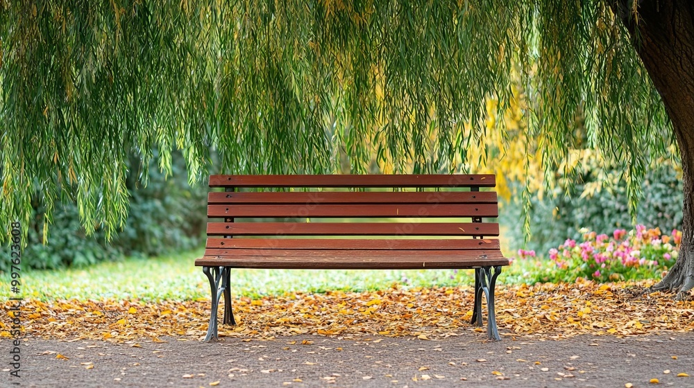 Worn-out wooden bench with iron legs, placed under a willow tree, surrounded by fallen leaves and wildflowers Worn-out wooden bench with iron legs, placed under a willow tree, surrounded by fallen leaves and wildflowers