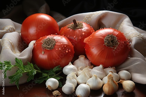 Fresh succulent tomato close up Onions garlic cloves and cloth on the marble bac, generative IA photo