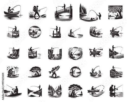 Collection of  Fishing Vector Illustration - Fisherman Clipart Design Sublimation