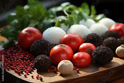 PICLES ON THE WHITE WOOD TABLE WITH GREEN AND RED AND PEPPER, FLIGHT, SALT, BLAC, generative IA photo