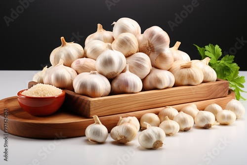 Portion of a dry garlic isolated in the white background with text copy space or, generative IA