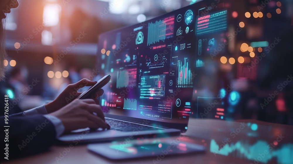 Businesspeople utilizing marketing, hologram icons, and B2B icons Businesspeople utilizing marketing, hologram icons, and B2B icons