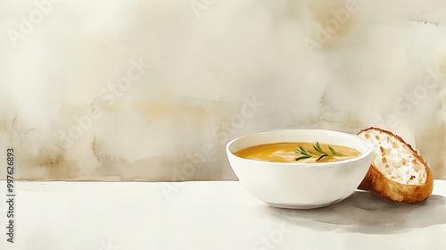 A warm bowl of soup garnished with herbs, paired with crusty bread, set against a soft, neutral background.