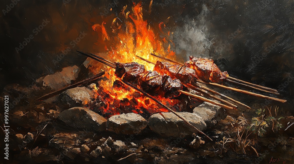 A vibrant campfire scene featuring skewers of meat roasting over an open flame, perfect for food or outdoor adventure themes. A vibrant campfire scene featuring skewers of meat roasting over an open flame, perfect for food or outdoor adventure themes.