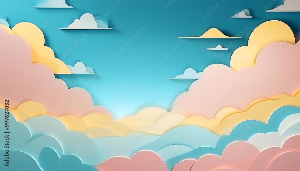 The sky background is filled with pastel fluffy clouds in a paper layer format. The sky background is filled with pastel fluffy clouds in a paper layer format.