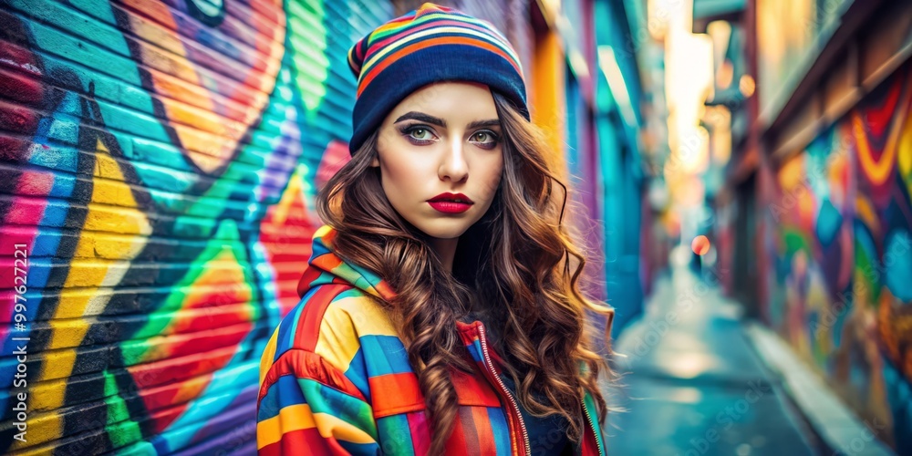 A fashionable young woman strikes a pose in her trendy outfit, set against a lively urban backdrop bursting A fashionable young woman strikes a pose in her trendy outfit, set against a lively urban backdrop bursting