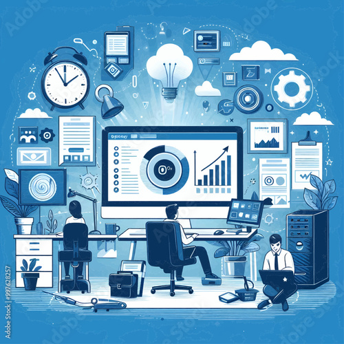 Vector banner illustration of business marketing. Workplace at home, in the office. Computer, PC. Update, download, improvements. Screen page. Settings, software. Blue on white background